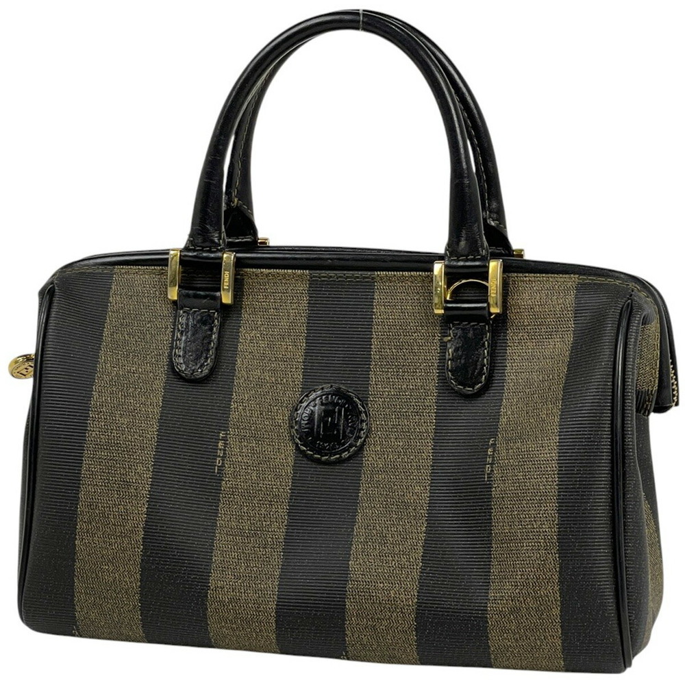 Fendi Pequin Handbag Boston Canvas Brown Black